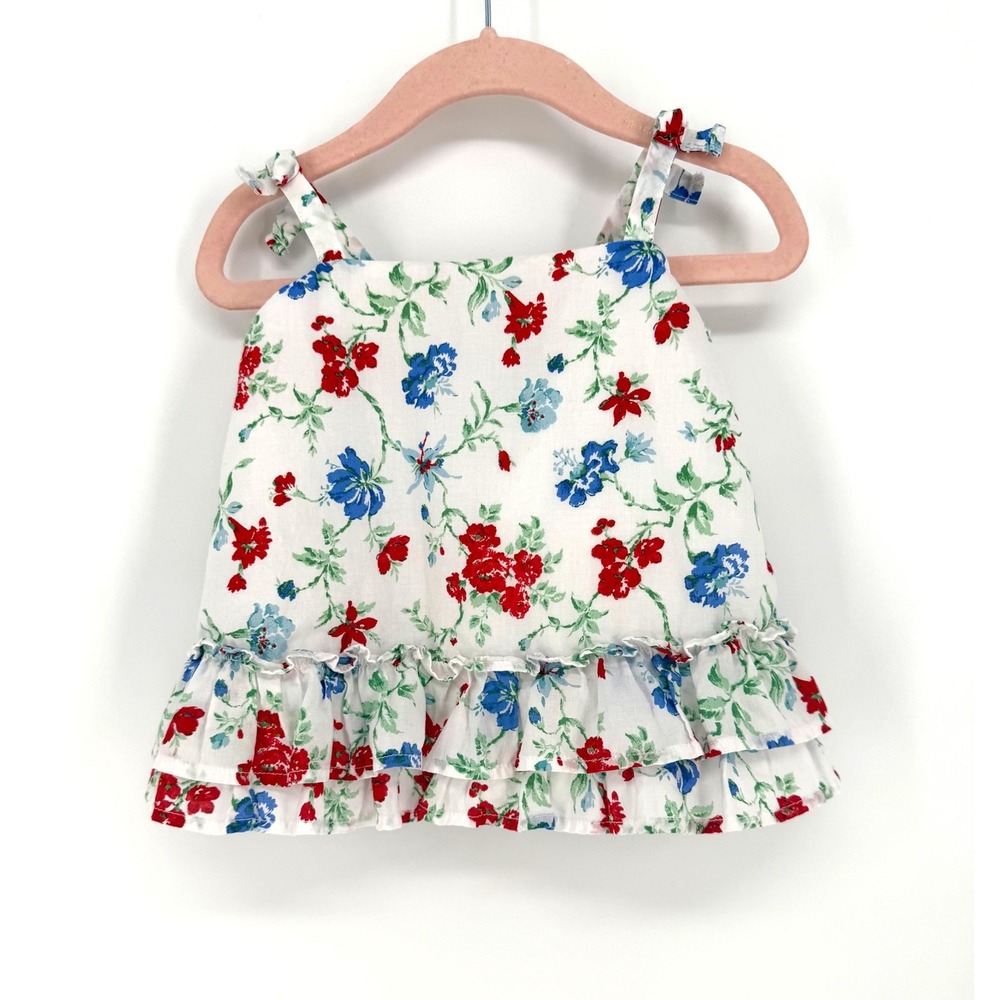 Janie and Jack Floral Top 2T White Red Blue Ruffle Hem Bow Straps Cotton Top
